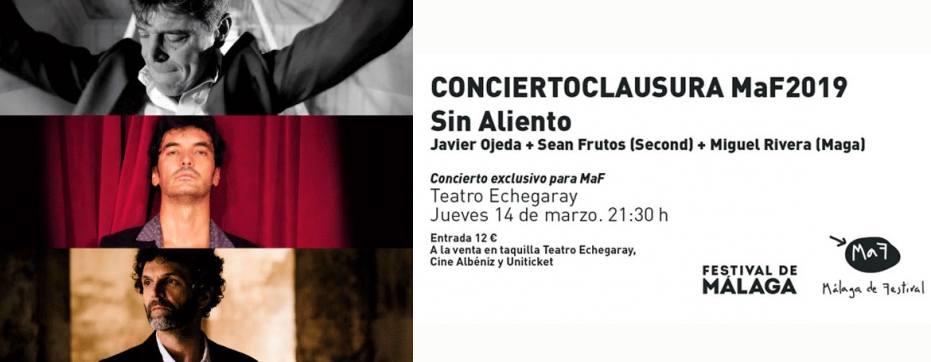 Concierto clausura MaF 2019: 'Sin aliento'. Javier Ojeda (Danza Invisible), Miguel Rivera (Maga) y Sean Frutos (Second)